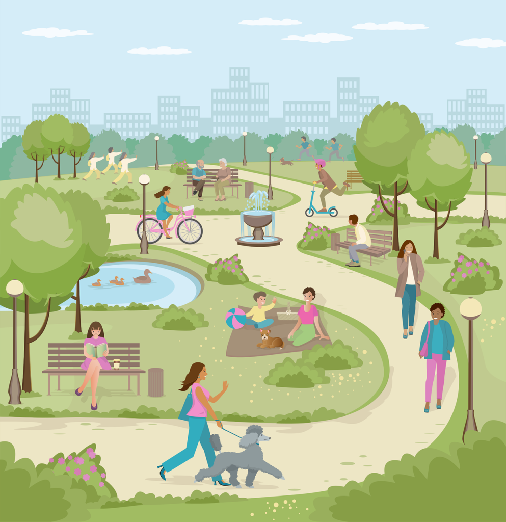 La imagen muestra un parque con personas disfrutando de su tiempo libre