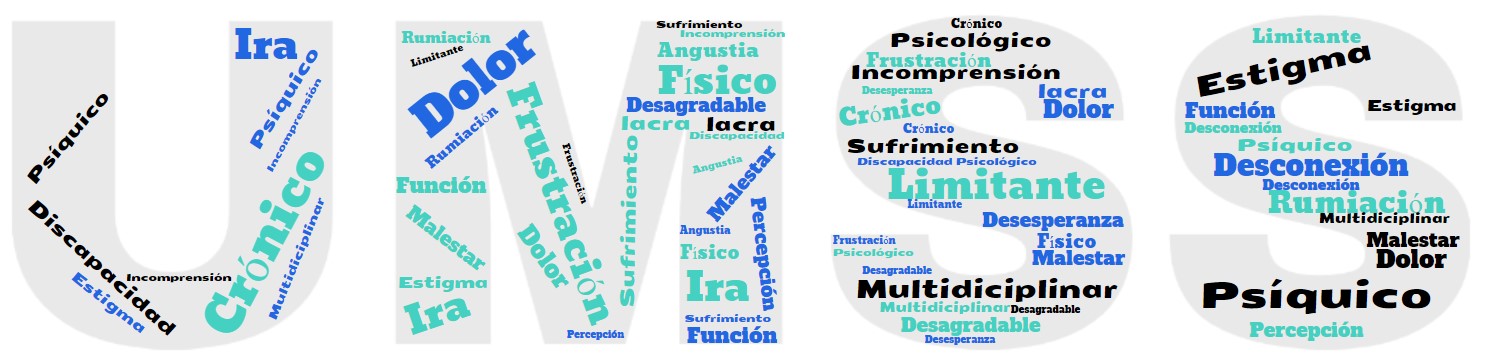 La imagen muestra las iniciales del grupo UMSS y dentro de ellas, se reproducen las palabras más representativas de las respuestas de los entrevistados