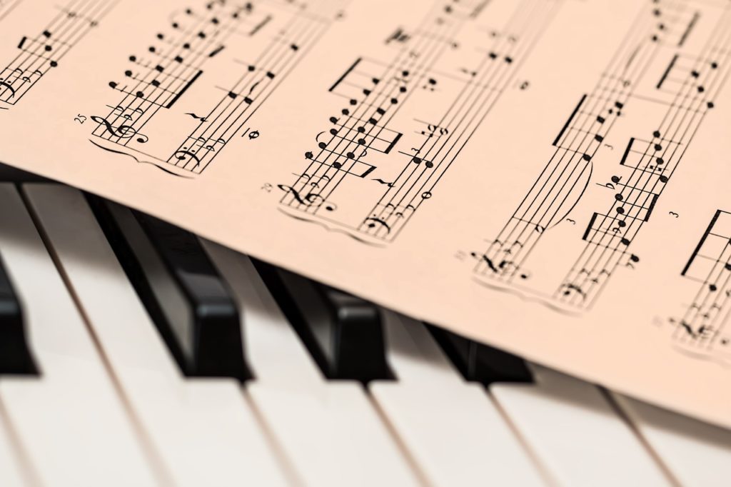 La imagen muestra una partitura musical sobre el teclado de un piano